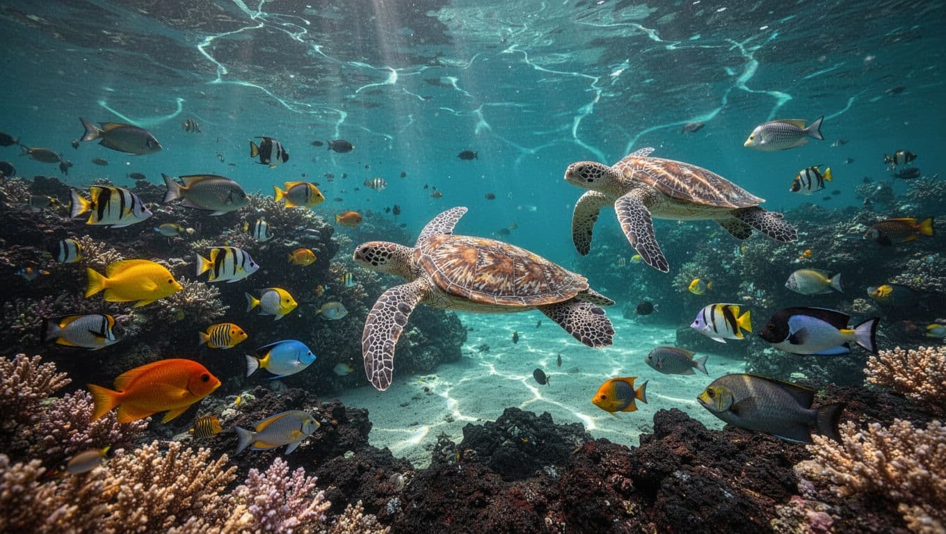 Crystal clear turquoise waters of Kealakekua Bay, Big Island Hawaii, showcase vibrant coral reefs teeming with colorful tropical fish and sea turtles around black lava rocks, illuminated by dramatic sunlight caustics.