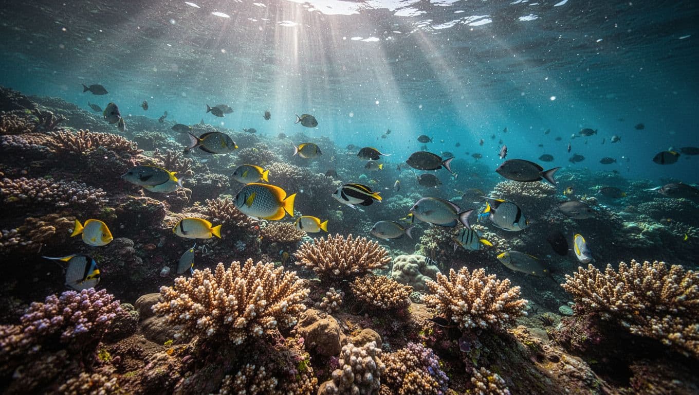 Vibrant coral colonies populate the seabed as diverse tropical fish dart between formations. Diffused sunlight penetrates the hazy water, creating a atmospheric contrast throughout this protected marine ecosystem in Hawaii.