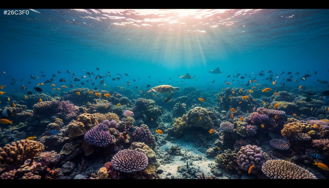 Colorful fish swim among corals with sunlight filtering through water creating caustic patterns and god rays.