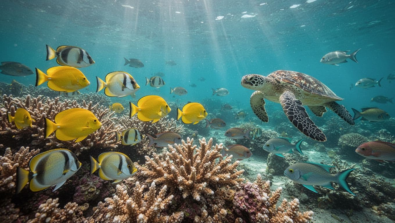 Vibrant coral reef teeming with colorful tropical fish like yellow tangs, surgeonfish, and parrotfish in crystal-clear turquoise waters of Kealakekua Bay, with sunlight rays and a gliding green sea turtle.