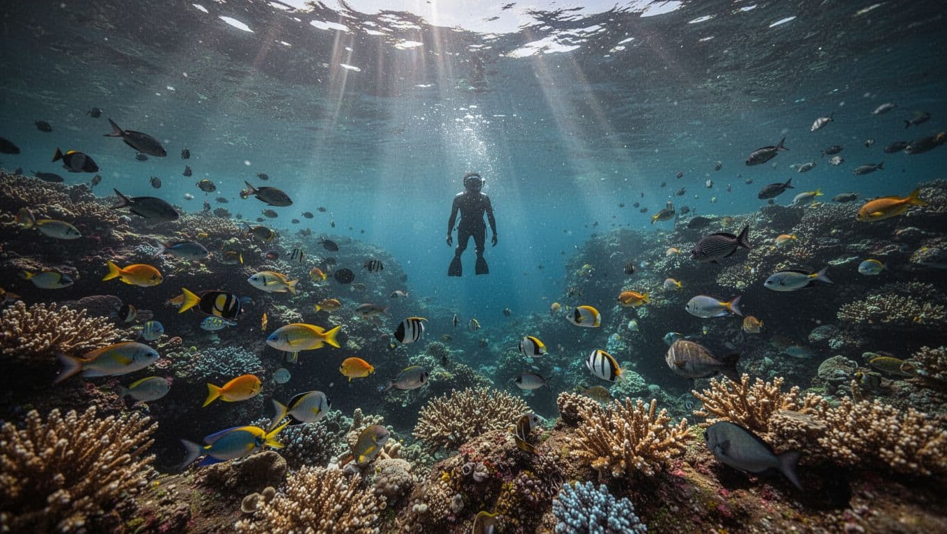 Scenic underwater view of vibrant coral reef in Kealakekua Bay, Big Island, Hawaii, featuring a distant snorkeler silhouette, sunlight rays piercing the surface, and schools of colorful tropical fish in cinematic style.