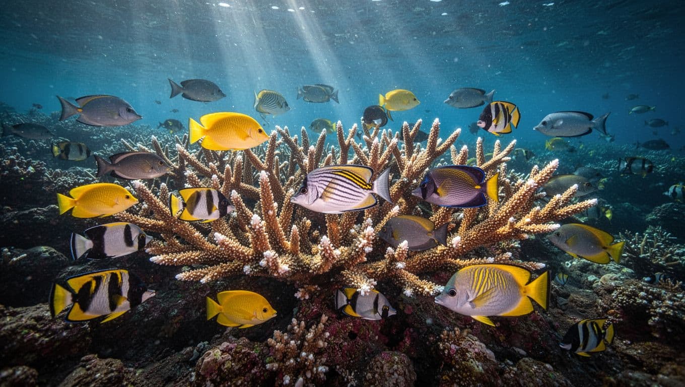 Underwater scene in Kealakekua Bay Big Island Hawaii featuring vibrant branching corals covered in colorful tropical fish like yellow tang convict tangs and butterflyfish with sunlight shafts filtering from the surface in cinematic style.