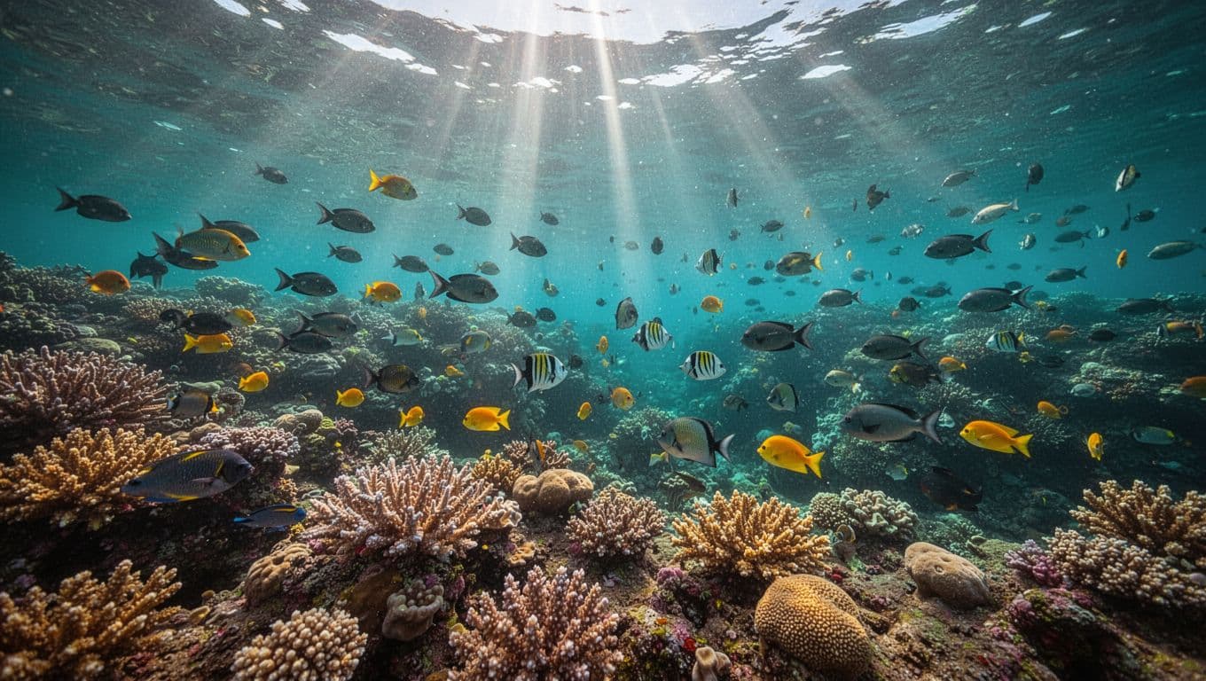 Vibrant coral reef in Kealakekua Bay featuring schools of tropical fish around colorful corals, with sunlight filtering through turquoise water creating dramatic light rays in cinematic style.