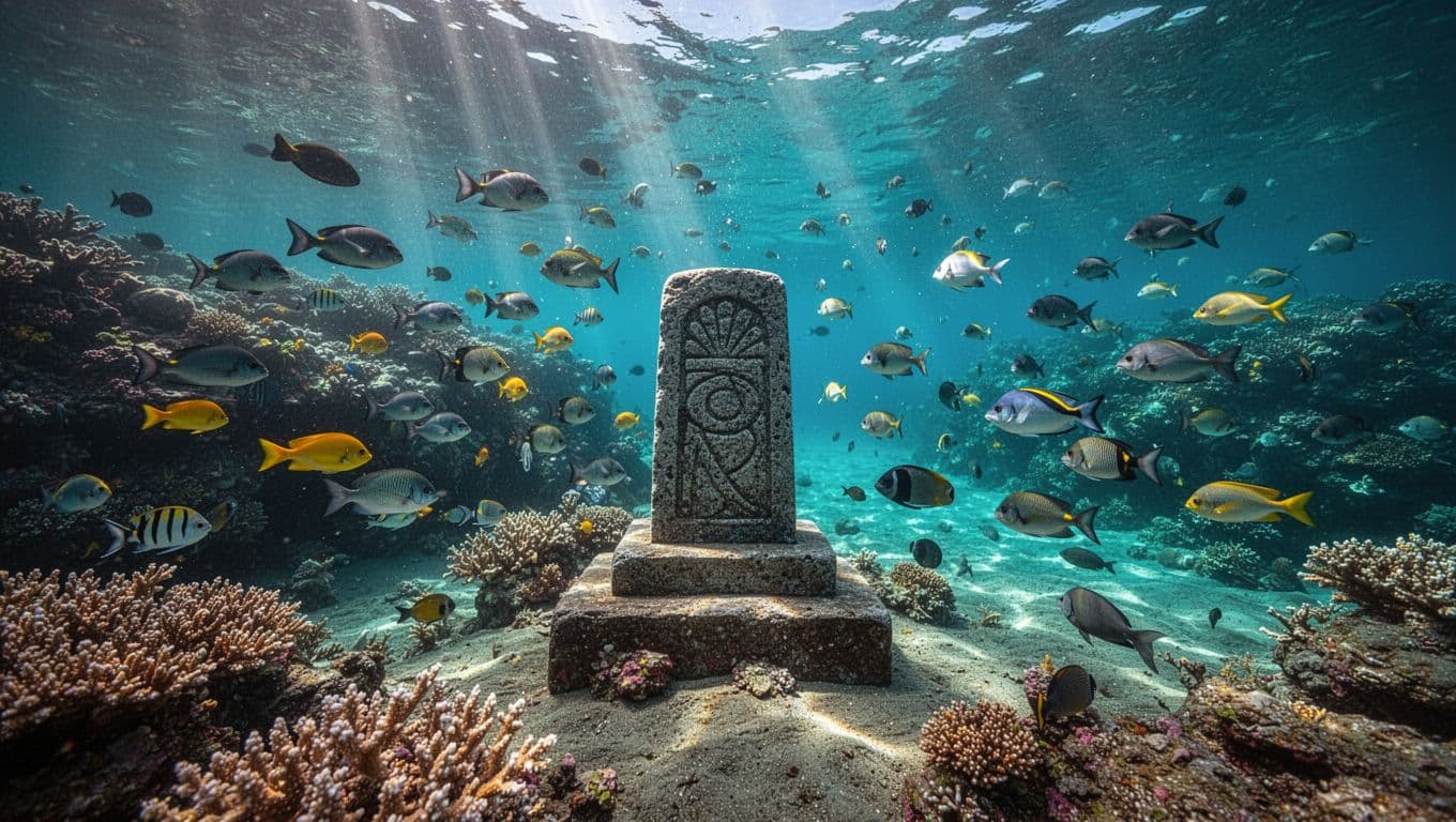 Vibrant coral reef in Kealakekua Bay featuring schools of tropical fish around an ancient monument in crystal-clear turquoise waters with dramatic sunlight rays.