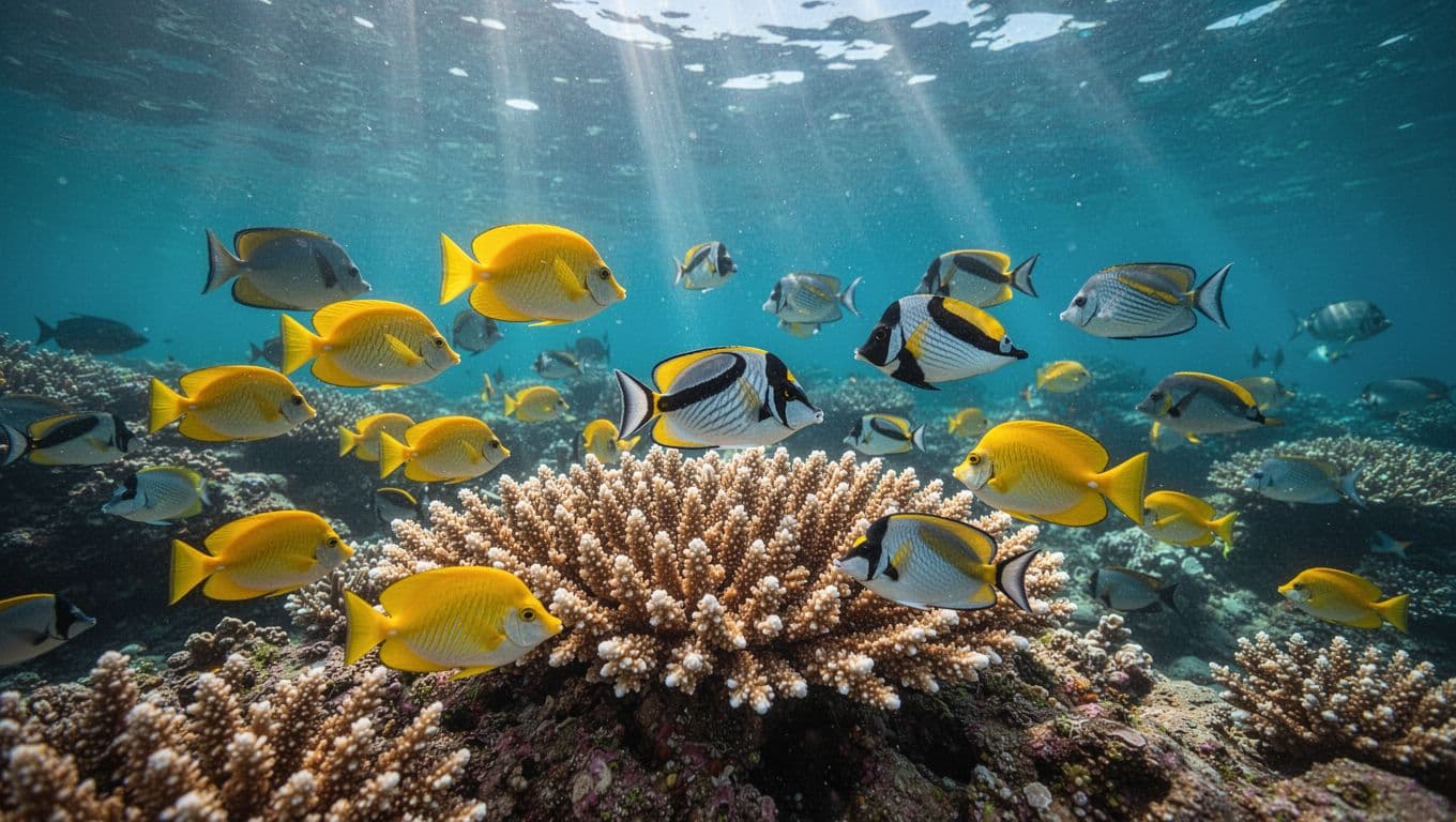 Vibrant schools of yellow tangs, convict tangs, and surgeonfish swim around healthy coral formations in crystal-clear turquoise waters of a Hawaiian bay reef, with sunlight rays filtering through for dramatic effect.