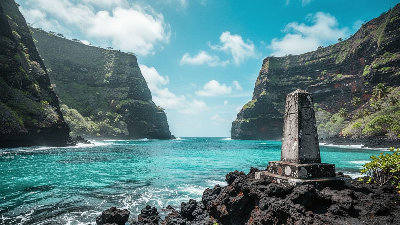 Turquoise water fills a Hawaiian cove beneath volcanic cliffs and a small shoreline monument.