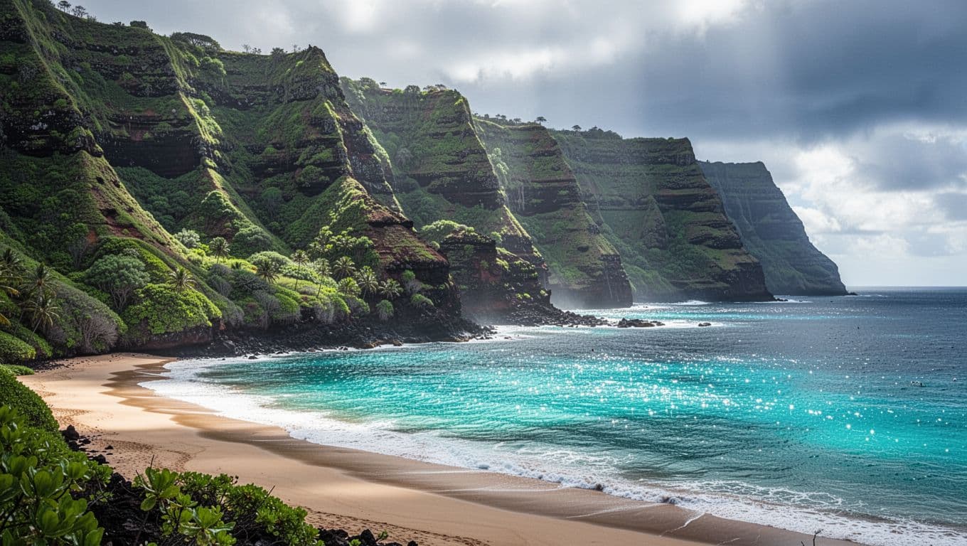 Green volcanic cliffs rise above turquoise water in Kealakekua Bay.