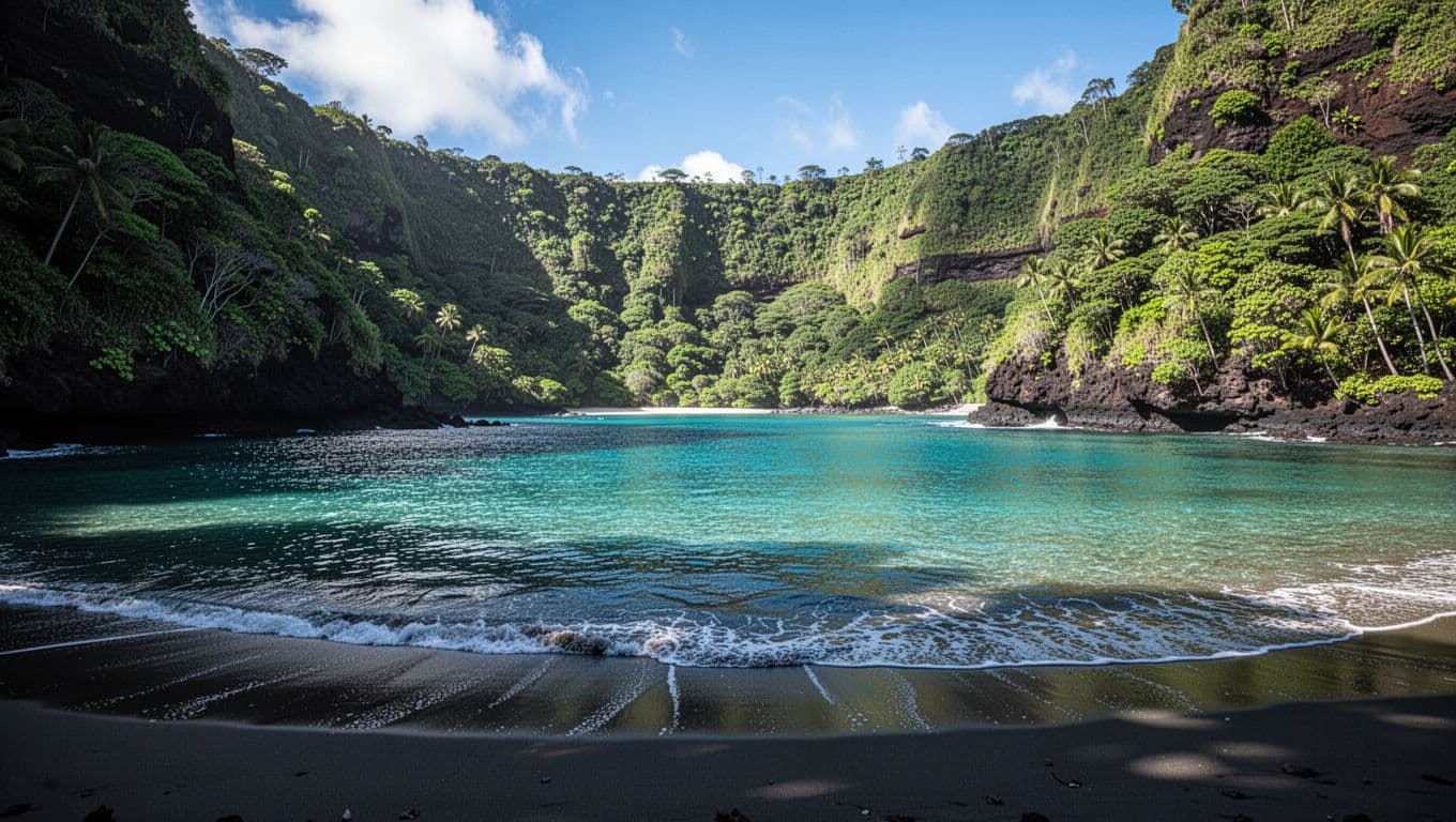 Turquoise water in a calm tropical bay surrounded by green volcanic cliffs.
