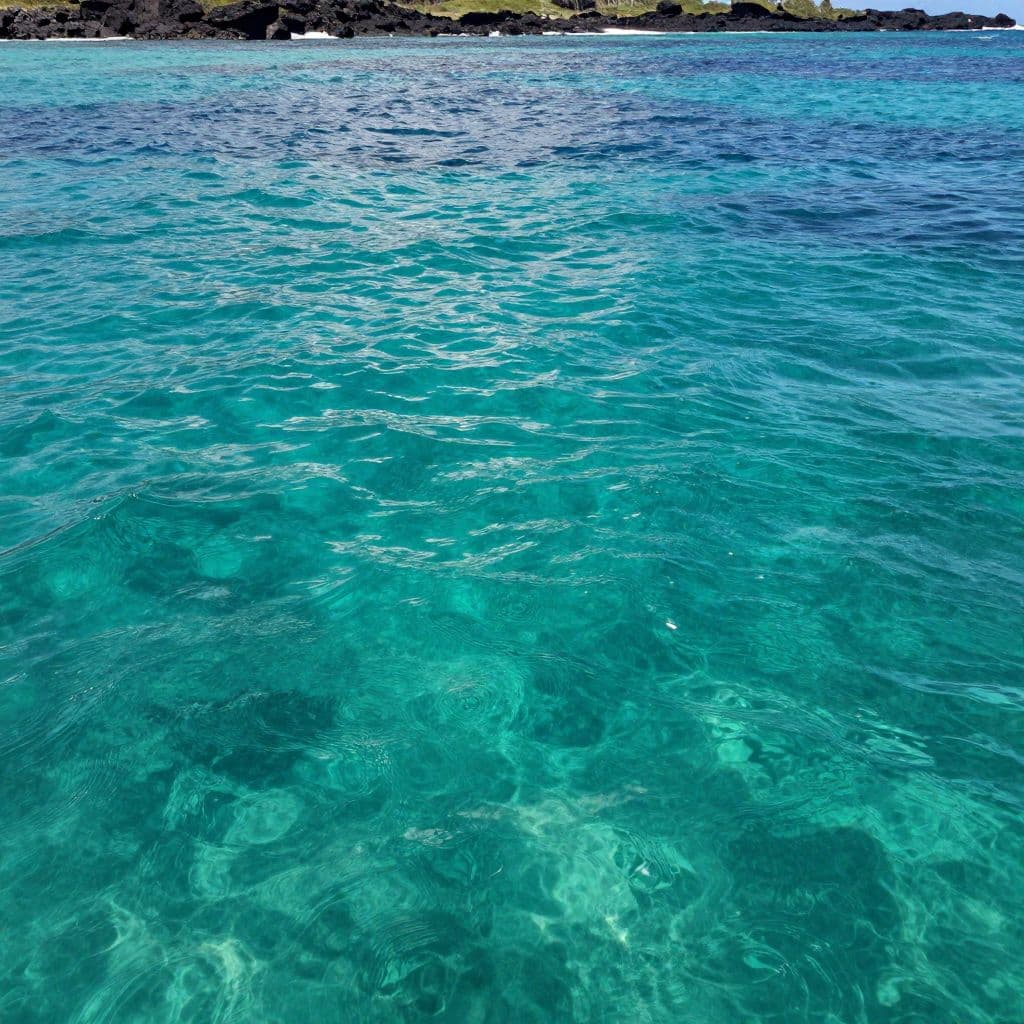 The tranquil, crystal-clear cyan depths near the rocky shoreline transition into a textured, choppy surface where sunlight dances across rhythmic wavelets in the distance, creating a high-contrast oceanic scene.