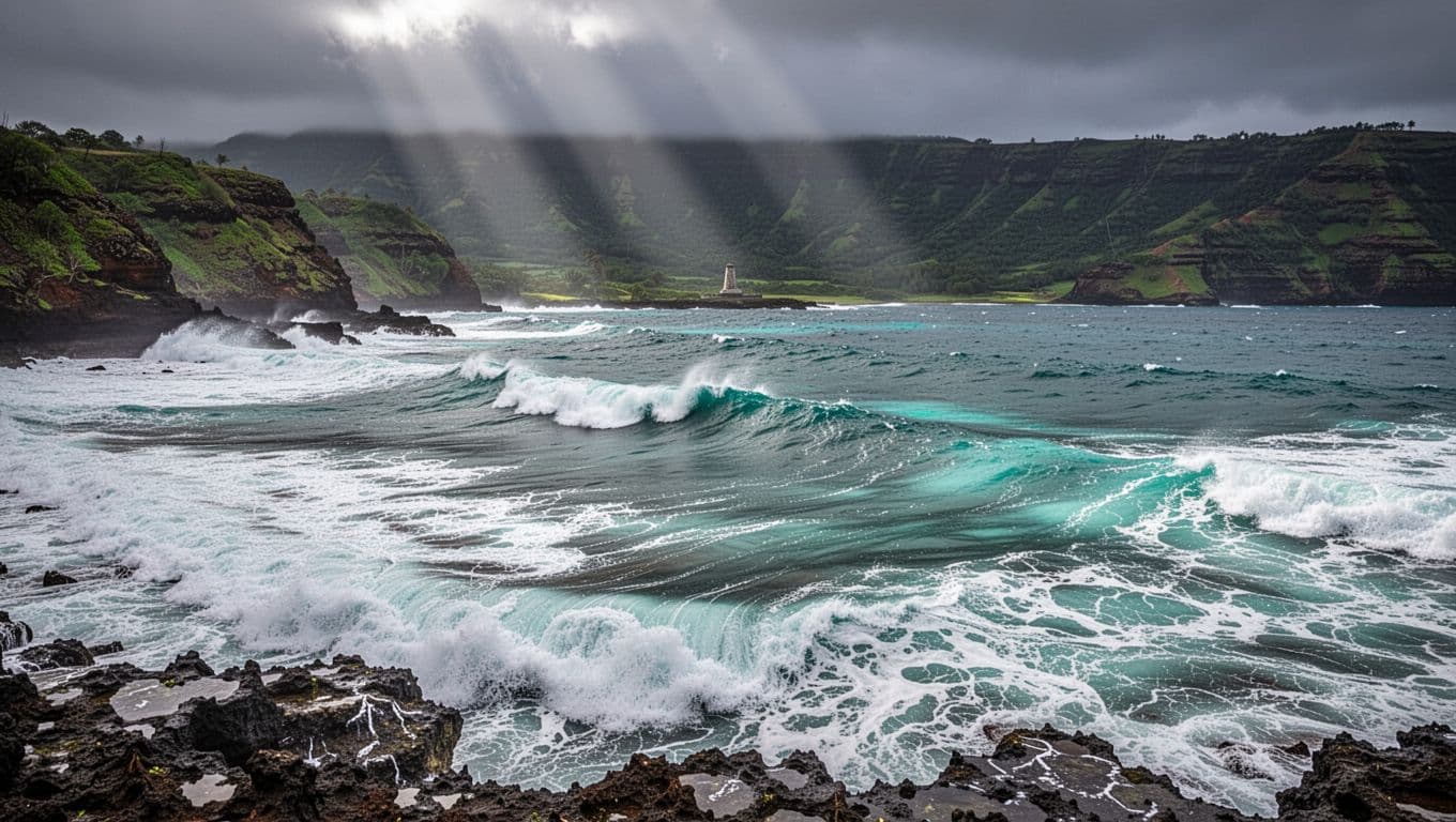 Choppy waves with whitecaps crash on rocky shoreline of Kealakekua Bay across turquoise water to green cliffs and Captain Cook monument.