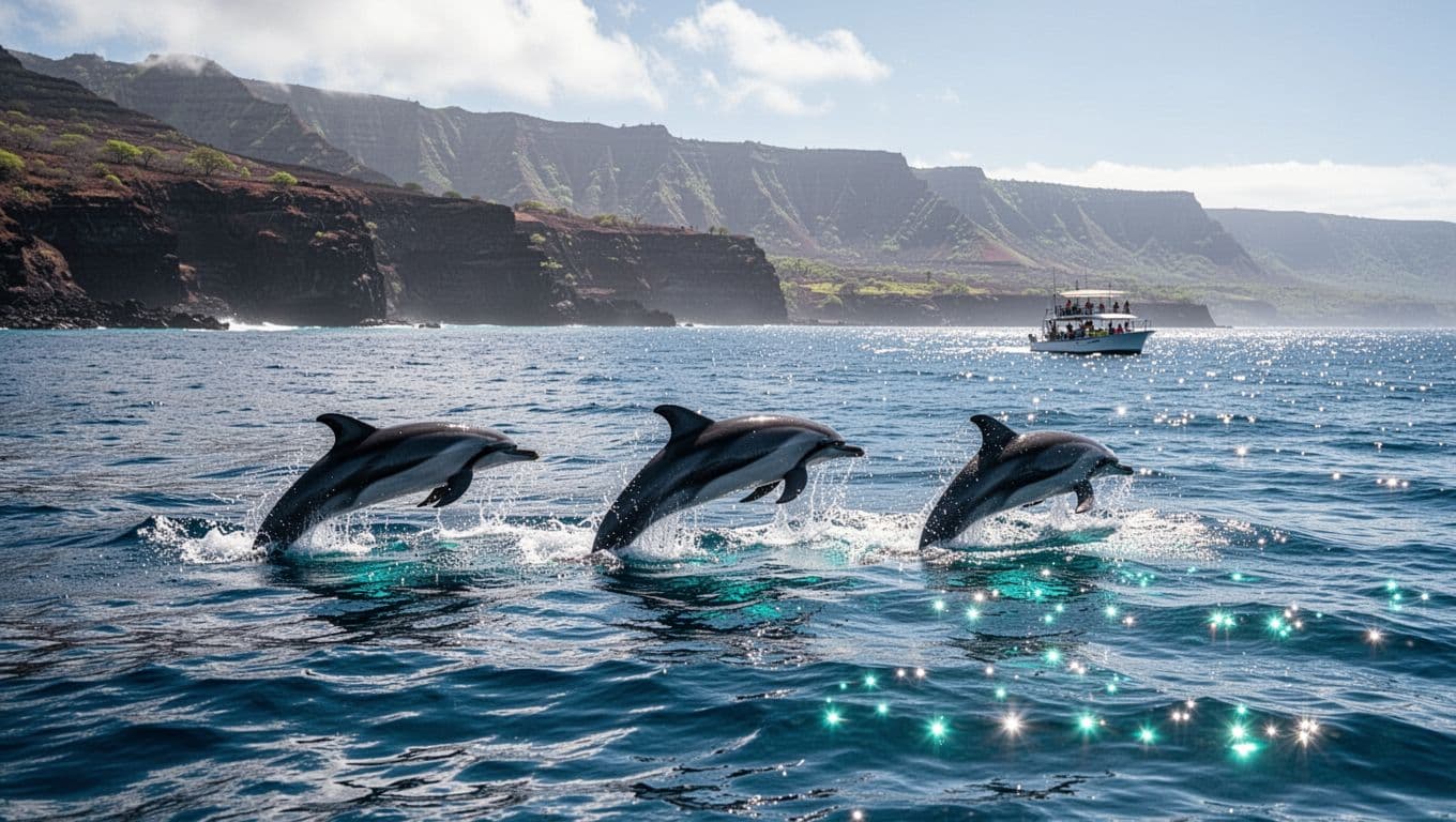 Three dolphins surface near a distant boat off Hawaii's volcanic coast.