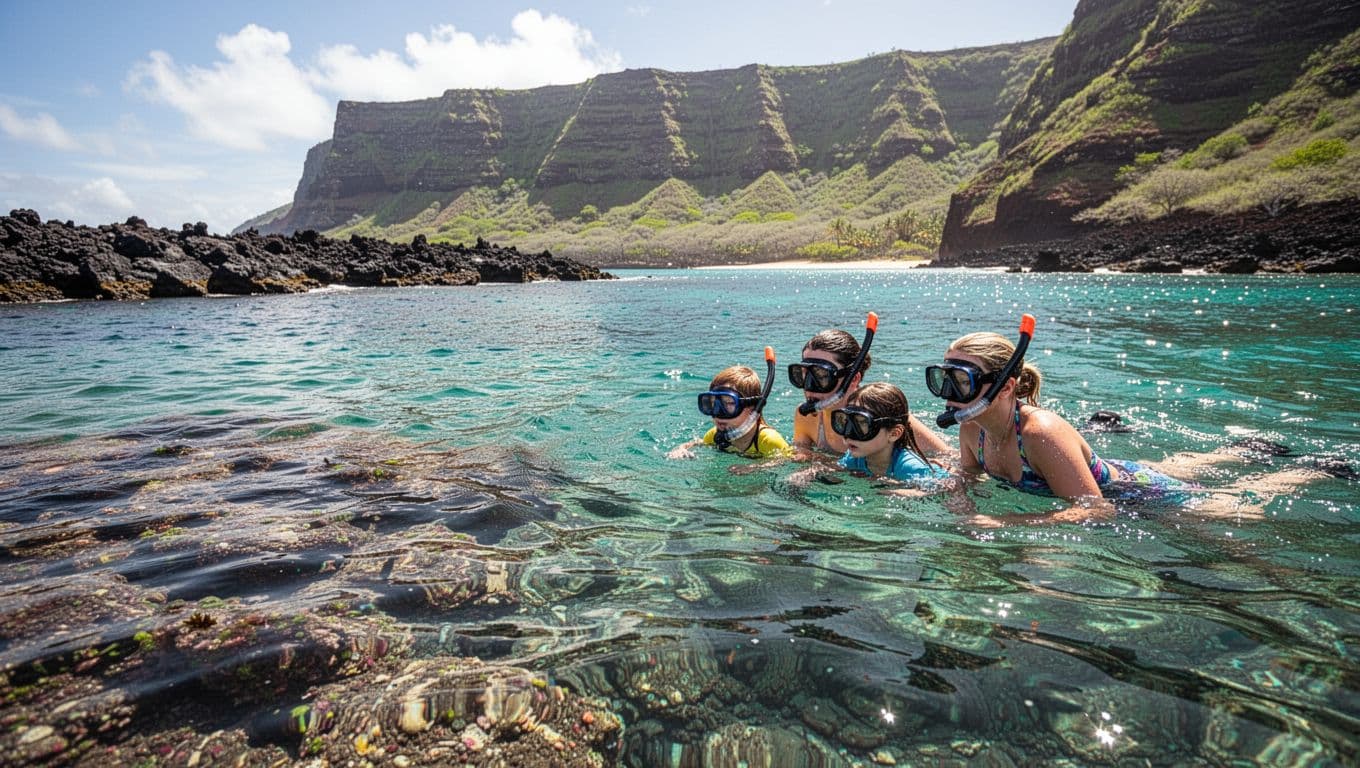 Two adults and two children snorkeling above a shallow reef in clear turquoise water.