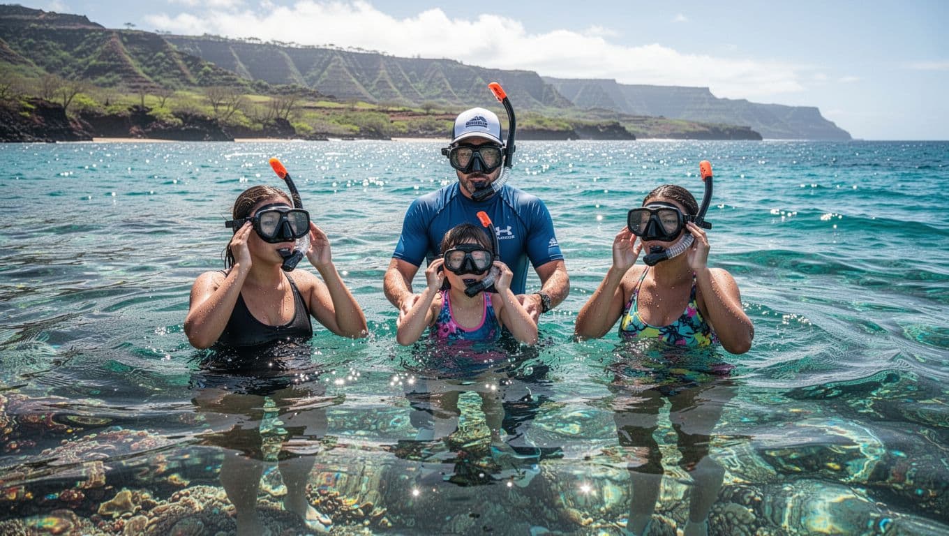 A snorkeling guide supports three guests floating calmly above a reef in Kealakekua Bay.