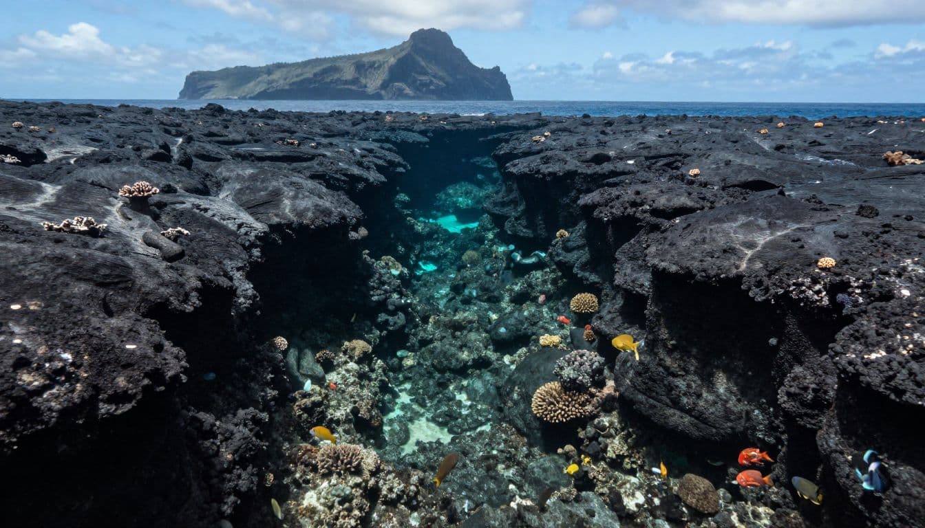 A clear underwater channel passes between lava shelves, coral, and tropical fish near volcanic cliffs.