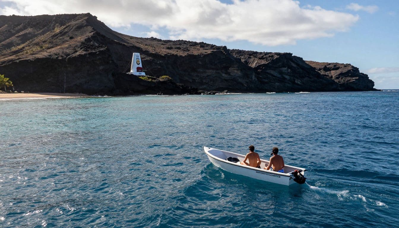 Two snorkelers ride a small boat toward Kealakekua Bay's volcanic coastline.