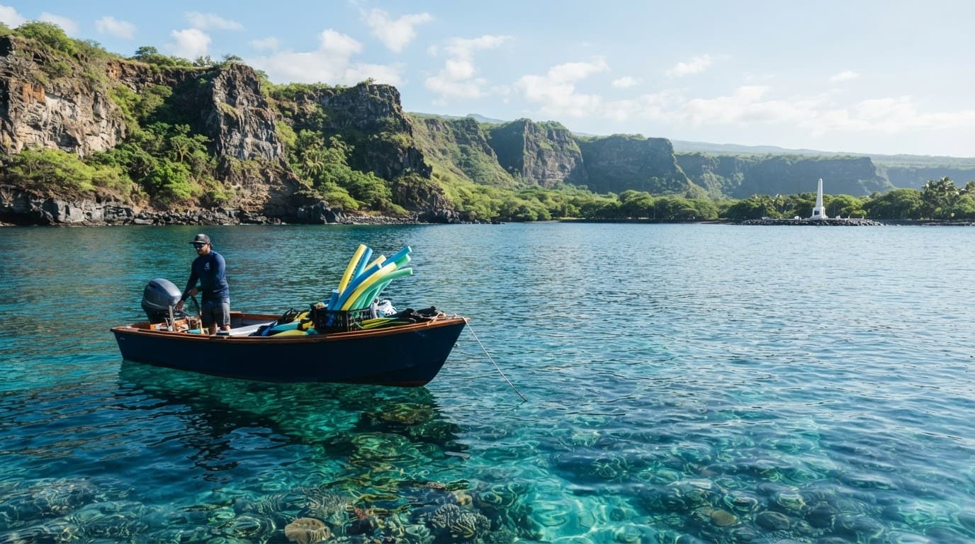 A small boat with flotation noodles beside a bright coral reef and green cliffs.