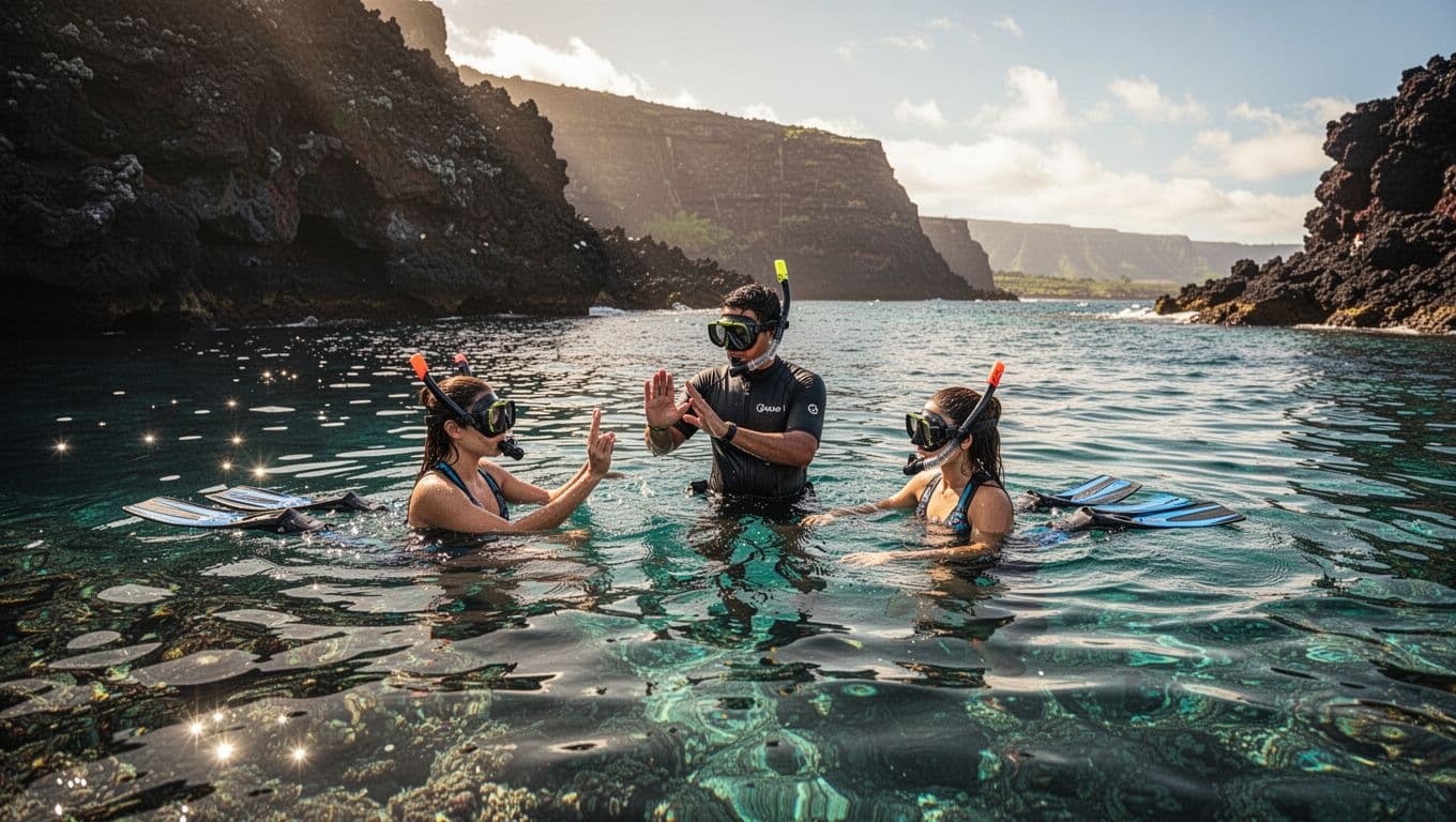 A guide shows two snorkelers a hand signal in clear water near dark volcanic cliffs.