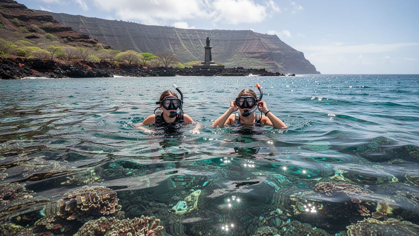 Two snorkelers float above a reef as one equalizes ear pressure.