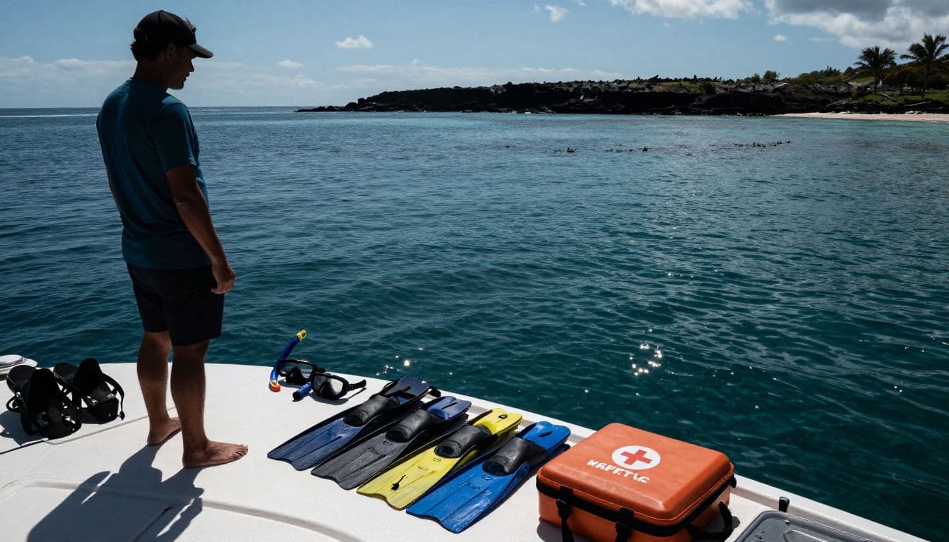 A snorkeling guide stands beside organized safety gear on a boat.
