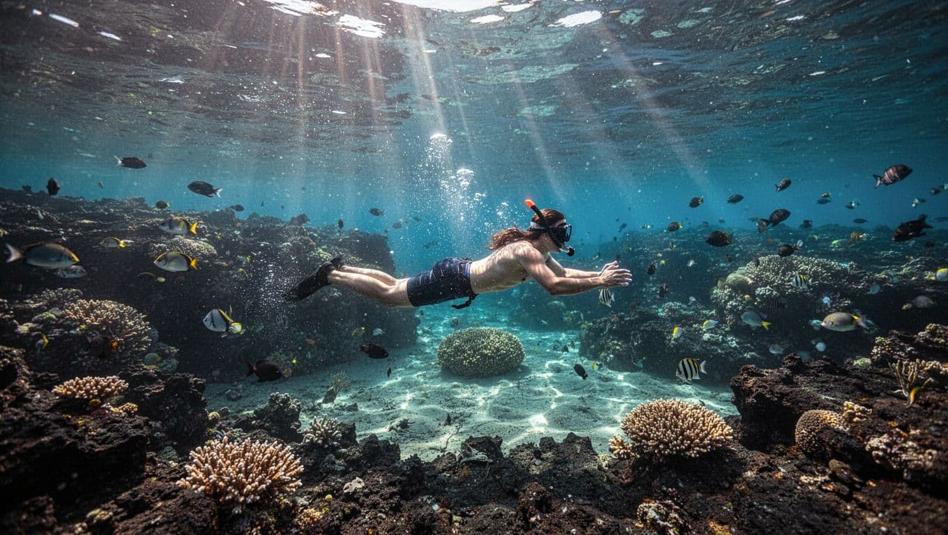 A snorkeler swims beside a coral reef in clear Hawaiian water.
