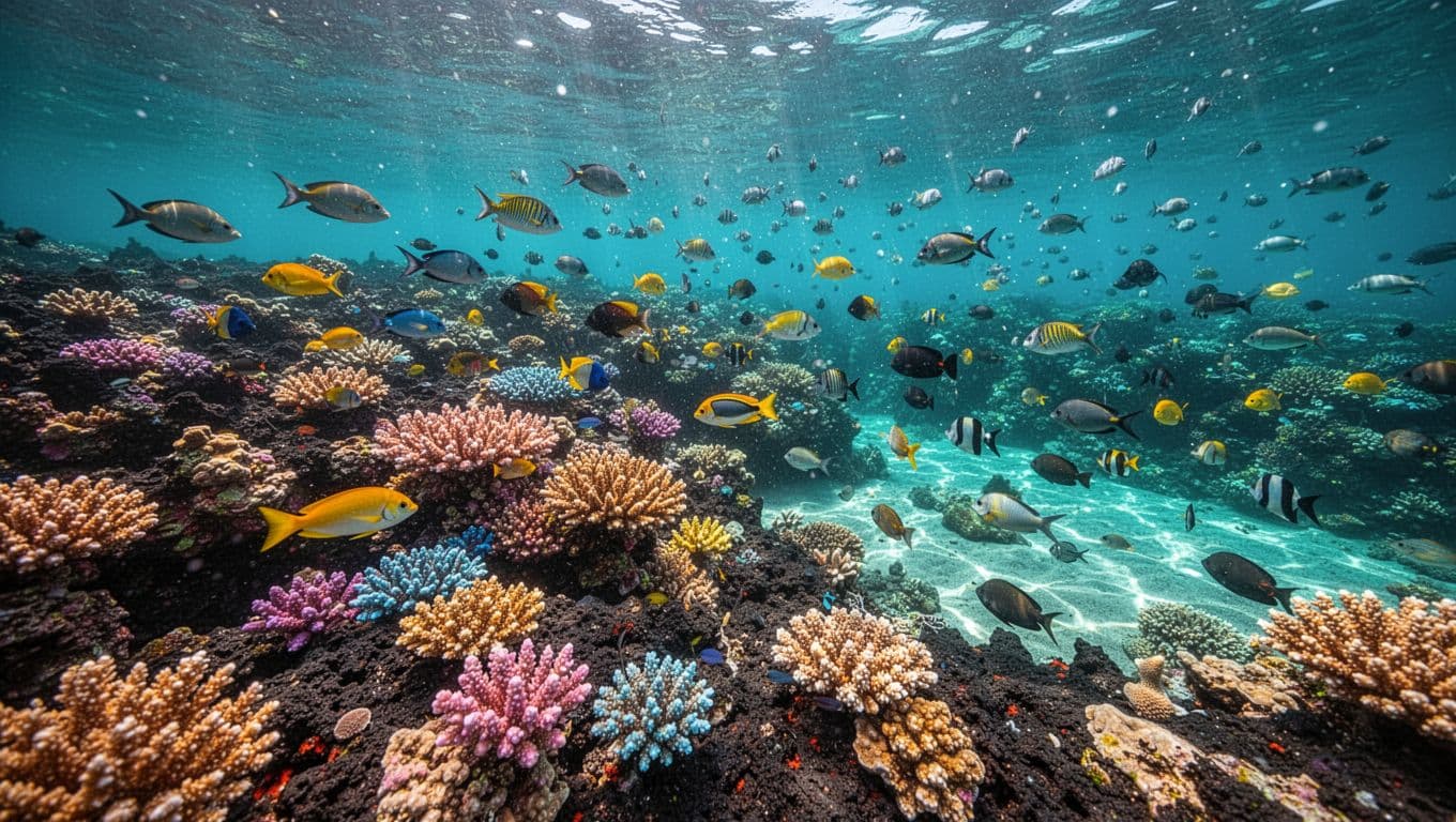 Colorful fish swim above coral and volcanic rocks in clear turquoise water.