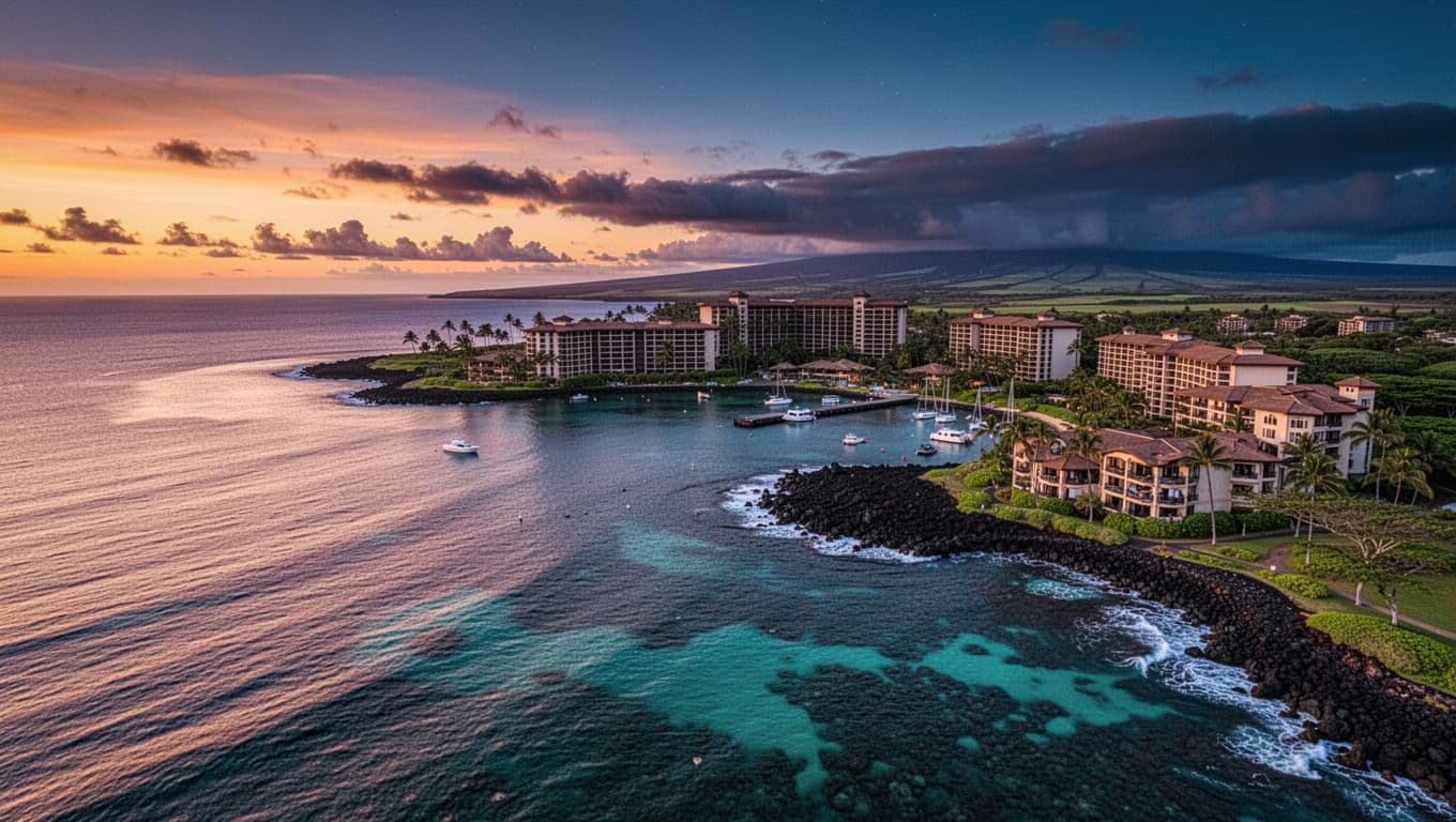 Aerial view of Keauhou Bay resort area at dusk with calm ocean, lava rock coast, luxury resorts, and harbor boats.