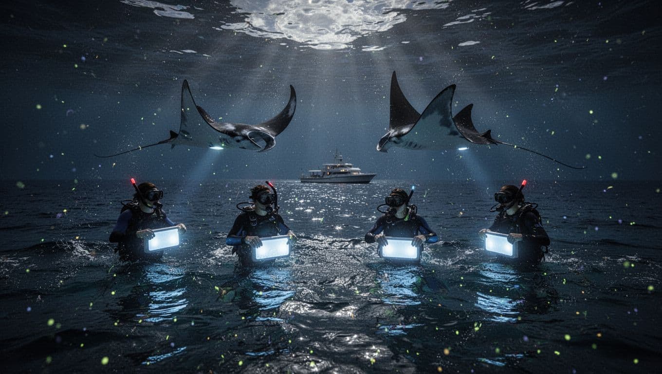 Four snorkelers hold a custom light board at night in plankton-rich waters off Keauhou, with large manta rays somersaulting nearby amid a darker ocean scene and boat in the background. Cinematic high-contrast lighting features dramatic underwater beams with #26C3F0 accents.