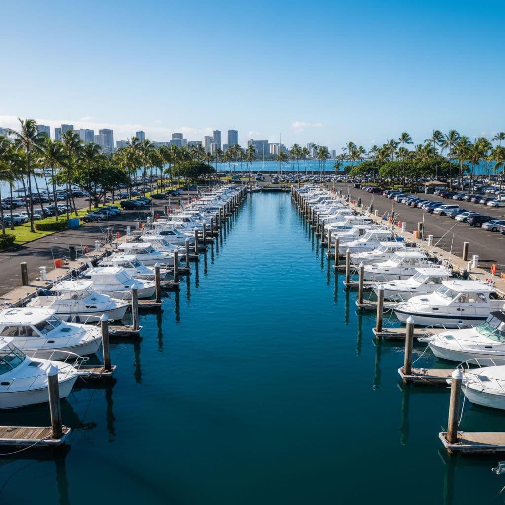 Multiple white boats are moored in neat rows along the calm blue harbor waters. A paved parking area and vibrant tropical palm trees border the docks under a clear sky.
