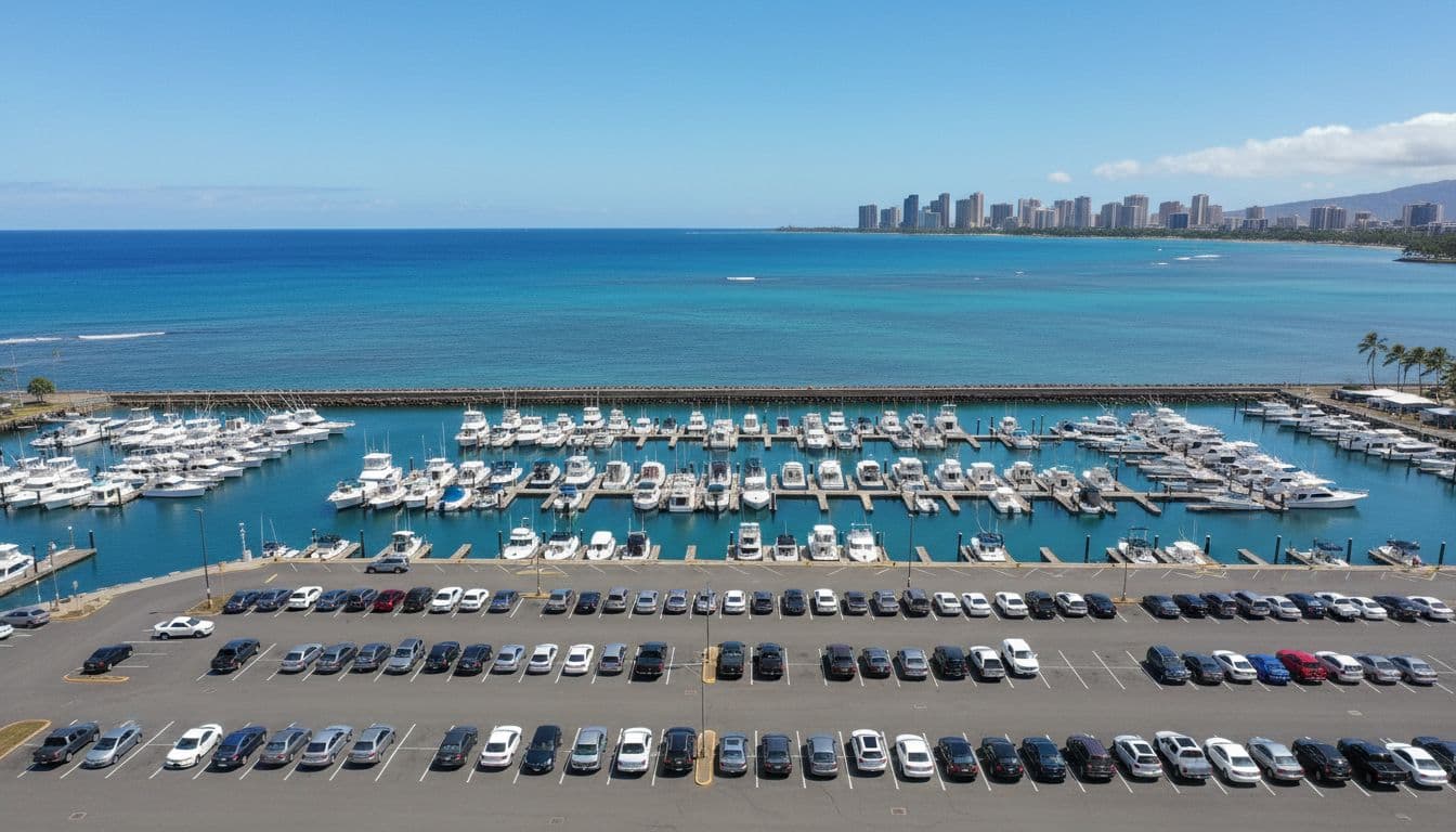 Aerial view of Kewalo Basin Boat Harbor in Honolulu, showing the parking lot next to boat slips with parked cars, ocean in the background, and distant Waikiki skyline on a clear day with natural lighting.