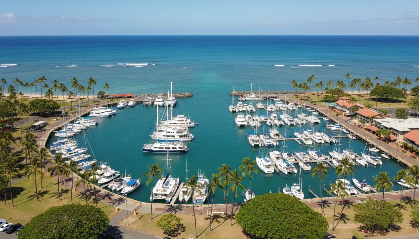 Sunny aerial view of Kewalo Basin Boat Harbor in Honolulu, Oahu, with docked boats ready for snorkel tours, calm ocean waters, nearby palm trees, and vibrant tropical colors under natural daylight.