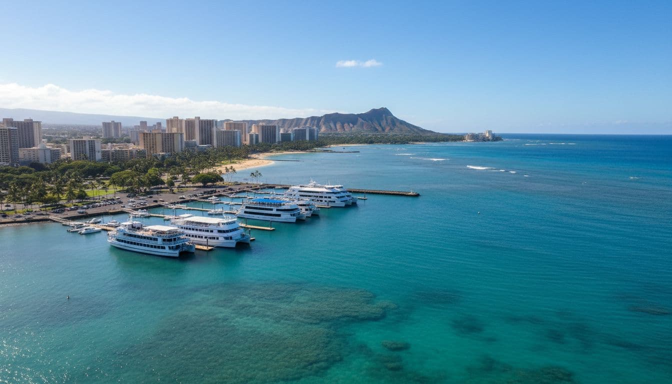 Sunny aerial view of Kewalo Basin Boat Harbor in Honolulu, Oahu, with docked double-decker tour boats, Waikiki Beach, and Diamond Head in the background. Calm turquoise ocean under a clear blue sky, bright tropical sunlight, realistic high-resolution photo.