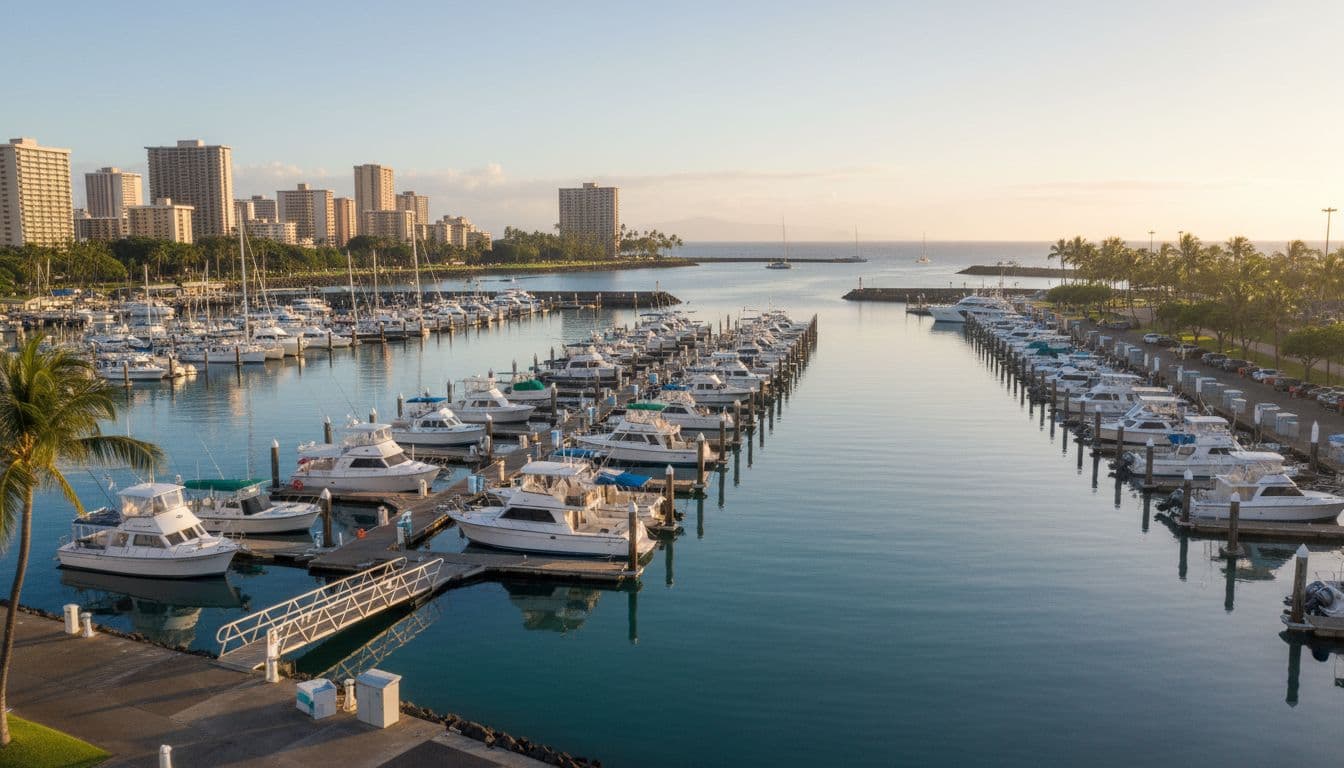 Photorealistic wide view of Kewalo Basin Boat Harbor in Honolulu, showing docked boats in calm waters, palm trees, and cityscape background under soft morning light, highlighting the departure area with no people, text, or logos.