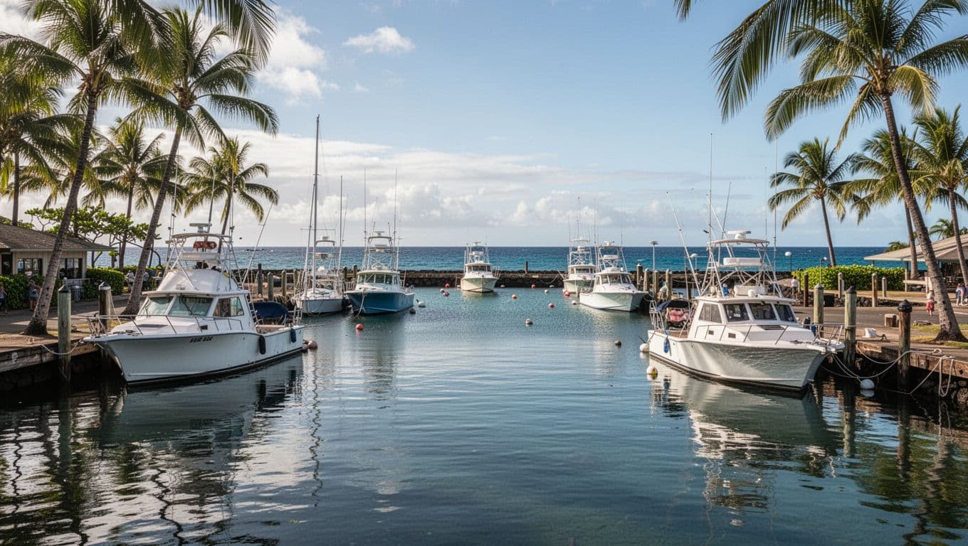 Cinematic scenic view of Kewalo Basin Boat Harbor in Honolulu with docked boats, palm trees, ocean horizon, bright daylight, strong contrast, depth, and dramatic lighting, focusing on harbor as Waikiki tours departure point, no people.