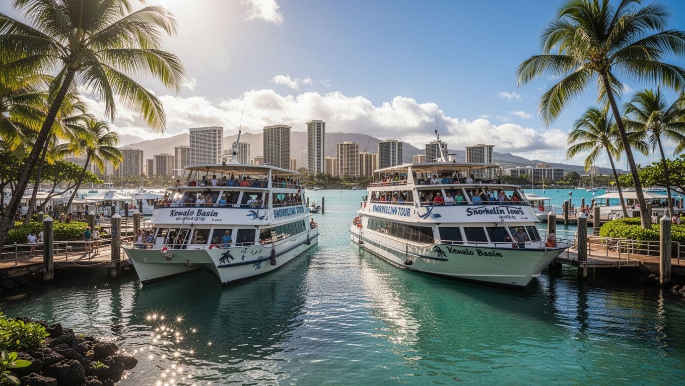 Cinematic view of Kewalo Basin Boat Harbor in Honolulu, Oahu, with docked double-decker tour boats ready for snorkeling tours, calm ocean water, distant Waikiki skyline, palm trees on a sunny day.