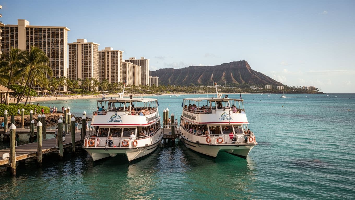 Double-decker tour boats docked at Kewalo Basin Boat Harbor in Honolulu at midday, overlooking calm turquoise ocean, distant Waikiki high-rises, and Diamond Head silhouette in cinematic style with dramatic sunlight.