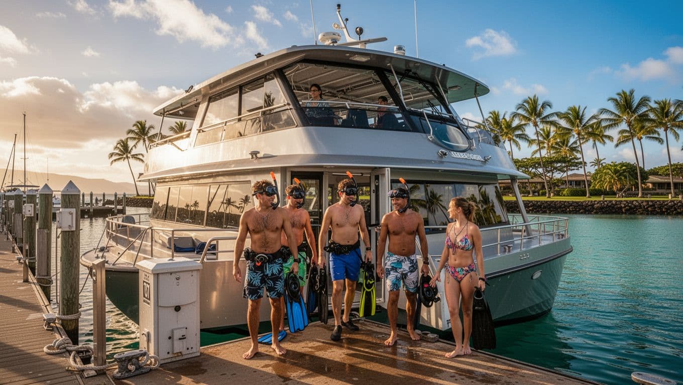 Modern double-decker tour boat docked at Kewalo Basin Boat Harbor near Waikiki, Honolulu, with passengers boarding with snorkel gear on a sunny tropical day amid palm trees and calm waters, cinematic golden hour lighting.