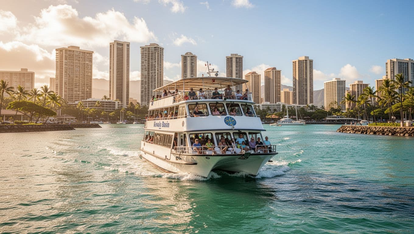 Double-decker tour boat leaves Kewalo Basin harbor with Waikiki skyline in background.