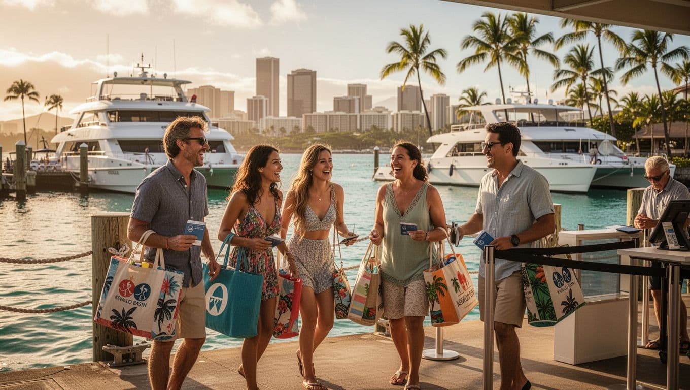 Four guests with beach bags arrive at Kewalo Basin check-in near docked catamarans, turquoise ocean, palms, and Honolulu skyline.