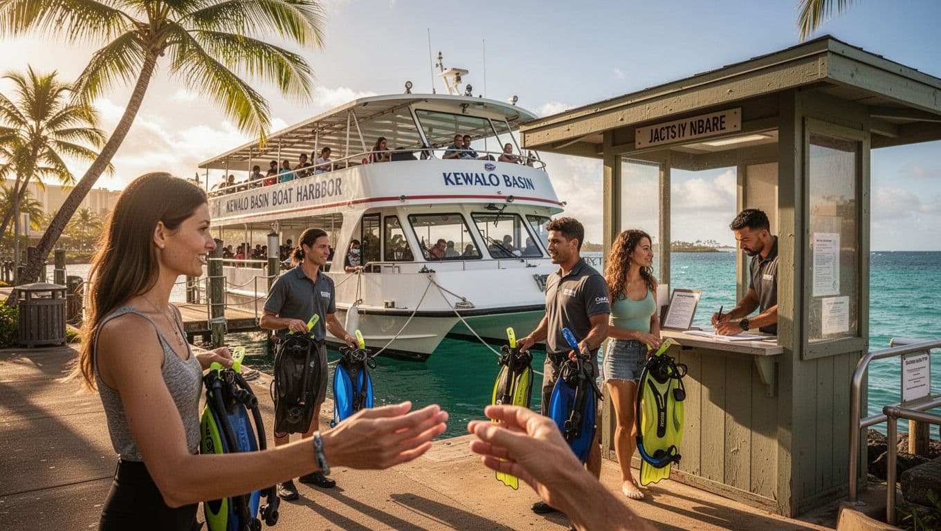 Two guests with snorkel bags check in at outdoor booth with two staff near docked double-decker boat, turquoise ocean and palms behind.