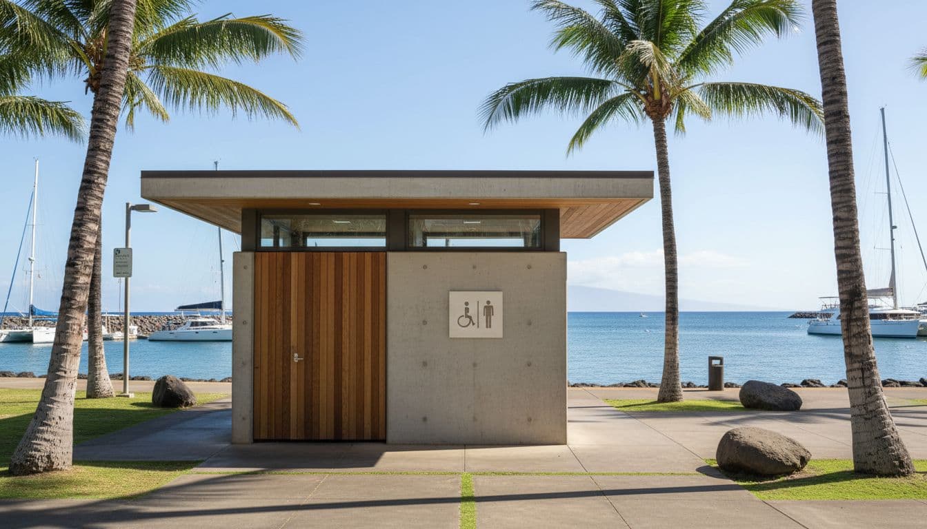 Clean modern restroom building at Hawaiian boat harbor like Kewalo Basin, exterior view with signage, palm trees, ocean horizon, bright daylight, photo-realistic.