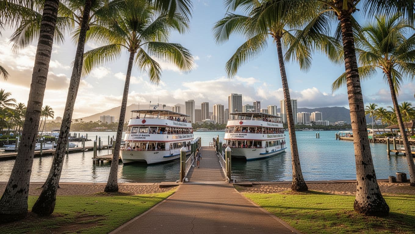 Cinematic morning view of Kewalo Basin Boat Harbor near Waikiki Beach, with double-decker tour boats docked, palm trees in foreground, path from beach to harbor, distant Honolulu skyline, and calm waters under dramatic lighting.