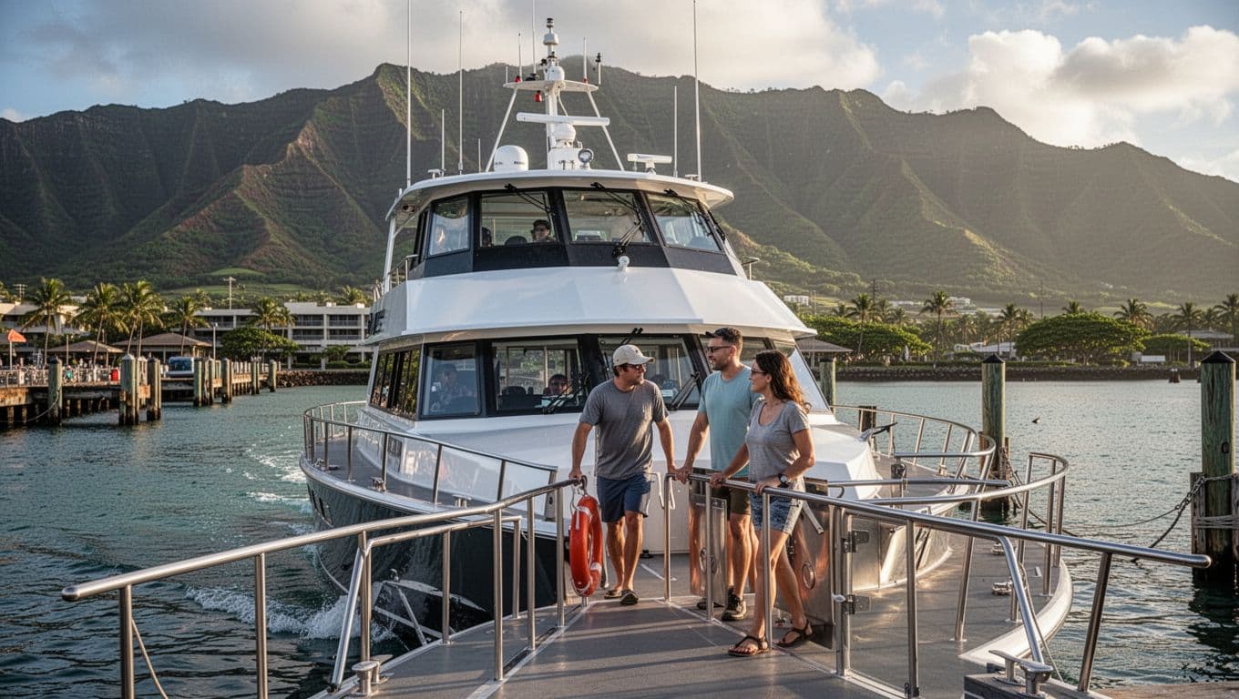 At Kewalo Basin Boat Harbor in Honolulu, a luxury double-decker boat prepares for whale watching departure in soft morning light, with passengers boarding comfortably against the backdrop of Oahu mountains in a cinematic style with strong contrast and dramatic depth.