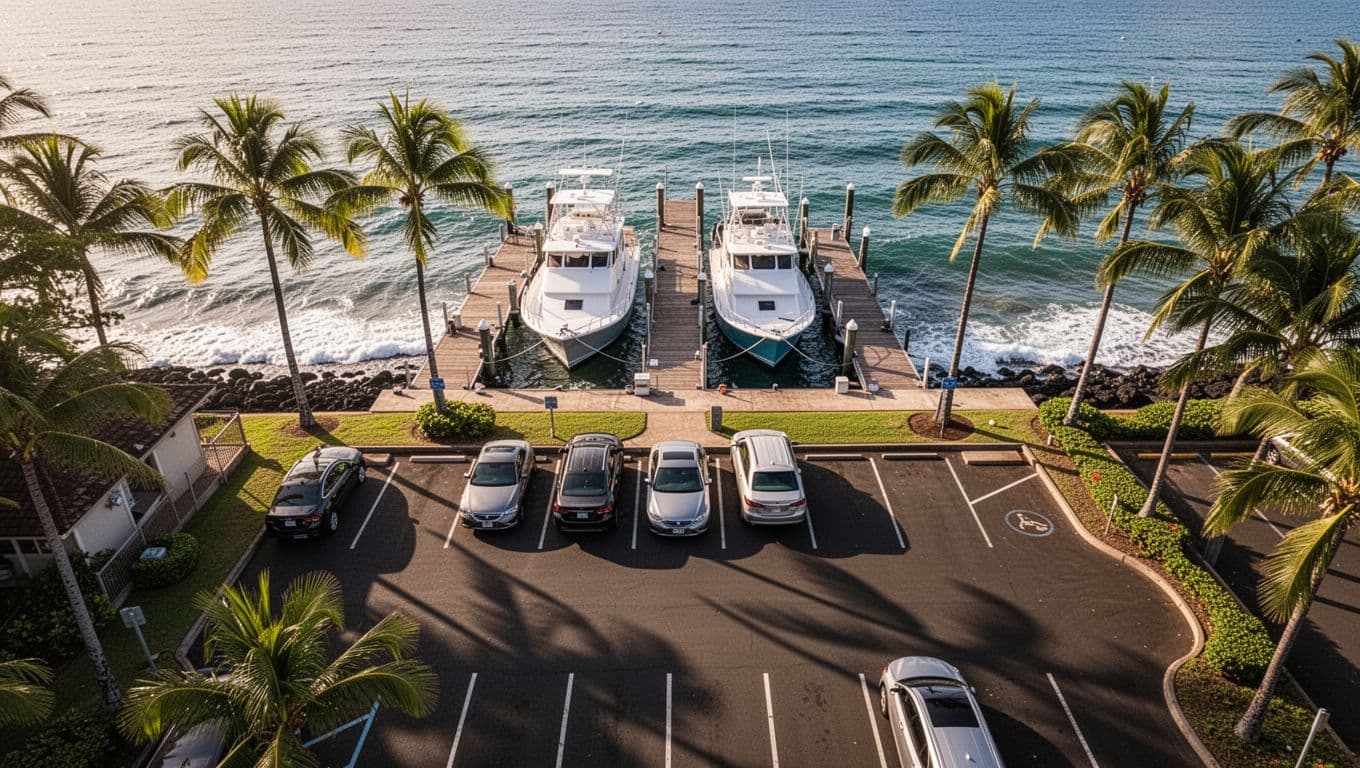 Aerial view of Kewalo Basin Boat Harbor parking lot in Honolulu, Hawaii, featuring exactly three cars in a compact lot next to two docked boats, ocean waves, palm trees, and dramatic sunny morning shadows in cinematic style.