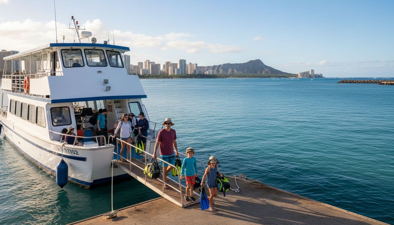 Double-decker tour boat docked at Kewalo Basin Boat Harbor in Honolulu Oahu during a sunny morning, with a family of four boarding for a snorkel tour amid calm waters, Waikiki skyline, and Diamond Head in the background.