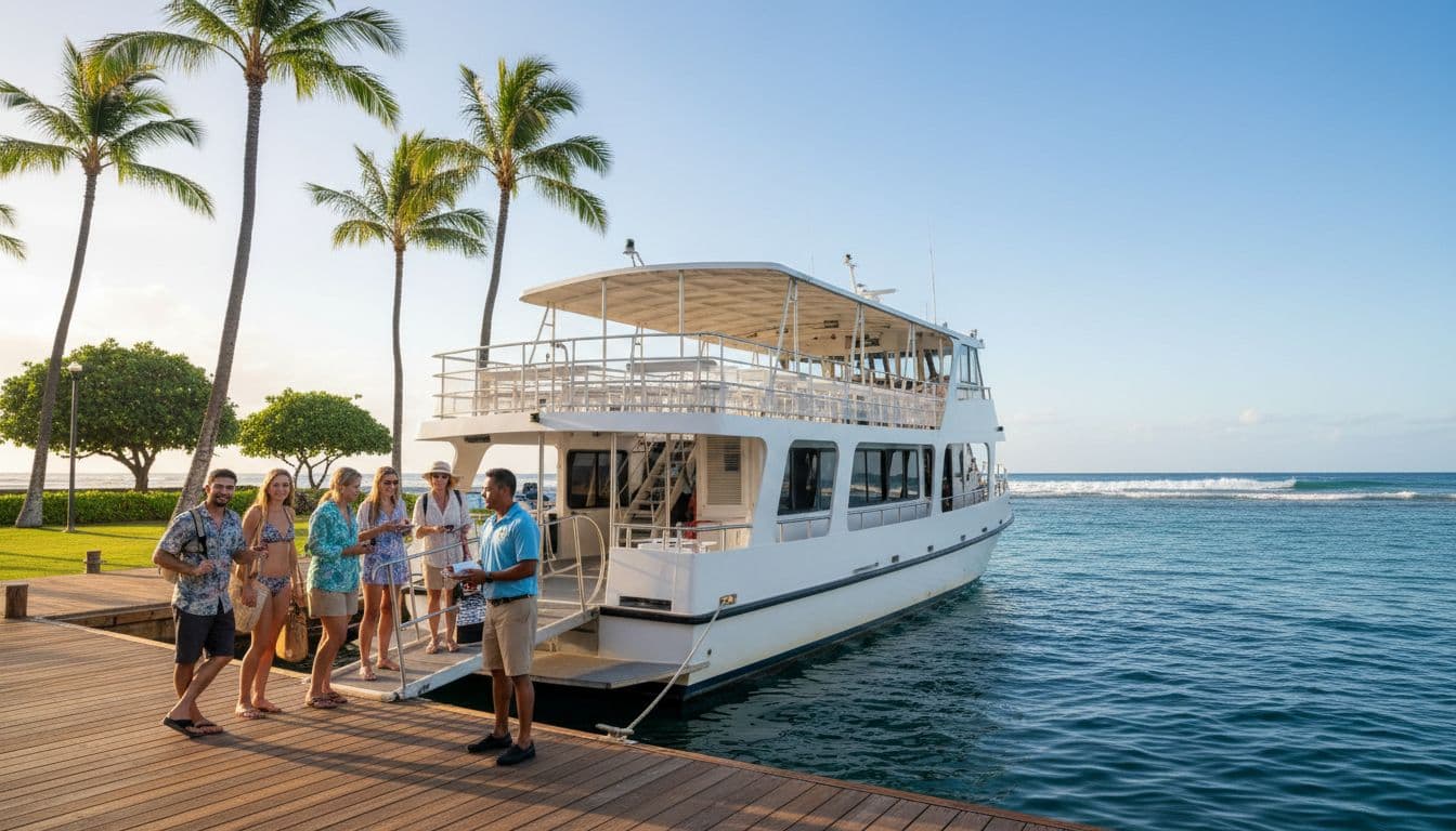 Serene morning scene at Kewalo Basin Boat Harbor near Waikiki with a double-decker tour boat docked, where 4-6 relaxed tourists in swimsuits casually check in with one friendly crew member at the gangway. Palm trees, calm ocean waves, and bright tropical sunlight fill the background in a realistic photography style.