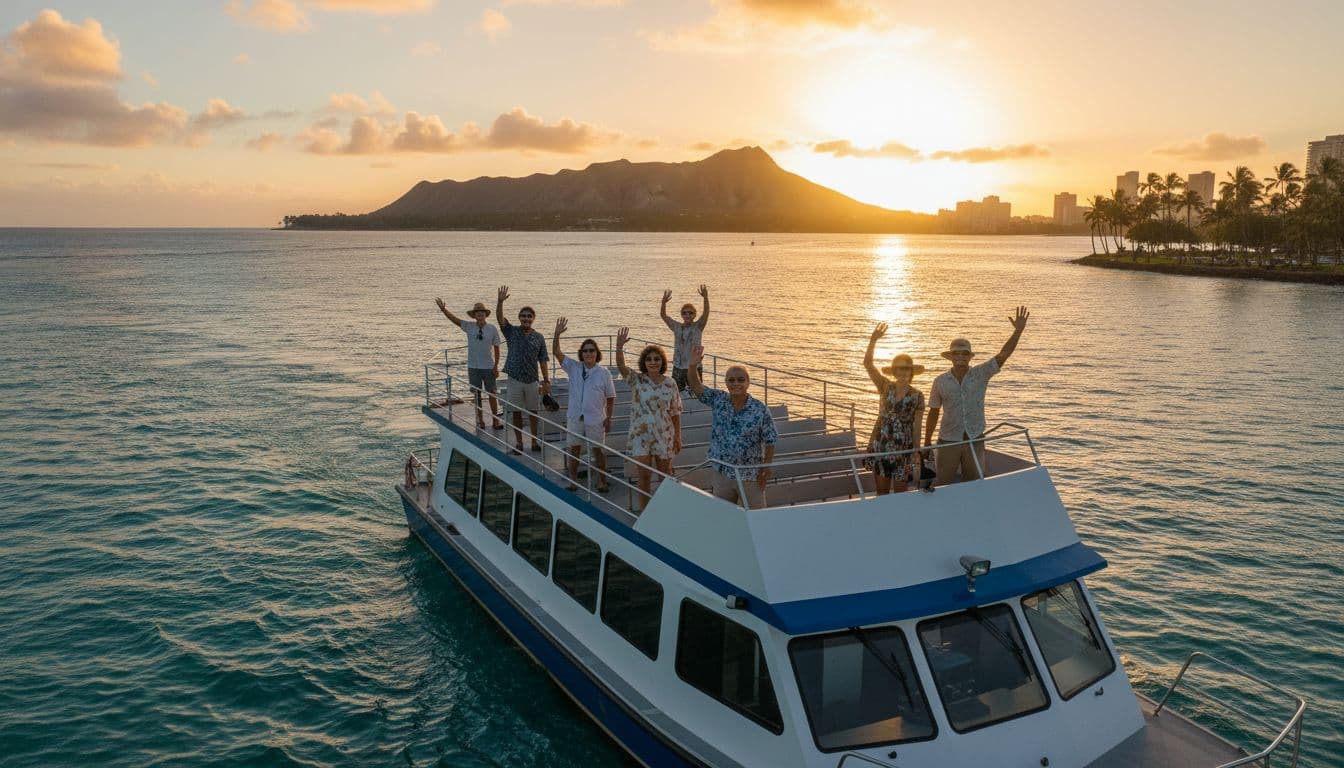 Double-decker tour boat departing Kewalo Basin Boat Harbor in Honolulu near Waikiki at sunrise, with excited passengers waving on the upper deck, Diamond Head silhouette in the background, calm turquoise waters, and dramatic warm morning light.