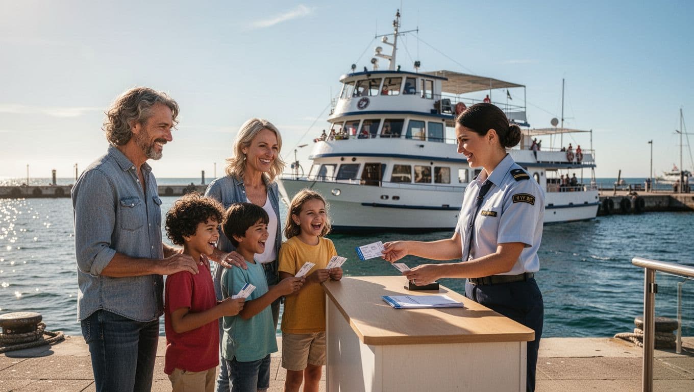 Five excited people—two adults, three children—hand tickets at outdoor desk with double-decker boat behind.