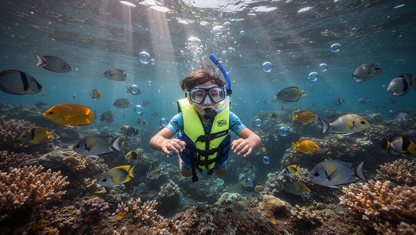 Child in life jacket snorkels among colorful tropical fish and coral in clear Kealakekua Bay waters, sunlight rays filtering through surface.