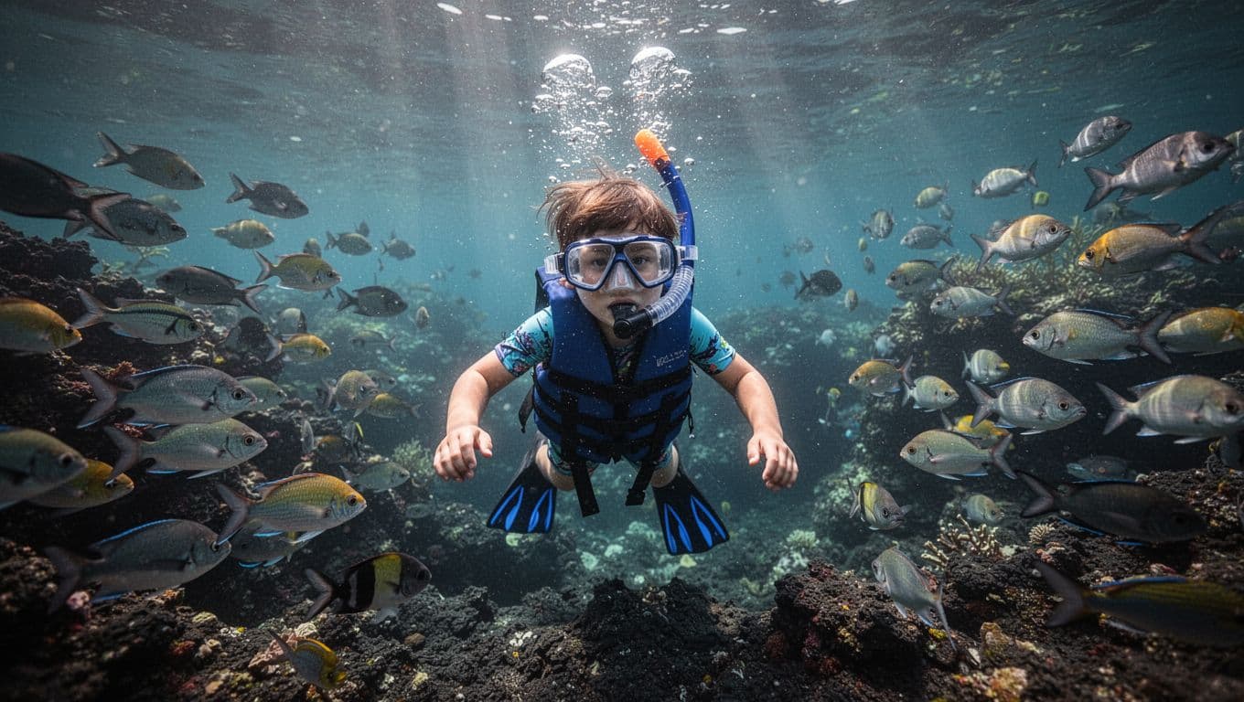 Underwater view of a young child under 10 snorkeling safely in clear Kona waters amid schools of colorful tropical fish around a volcanic reef, with sunlight rays and bubbles.