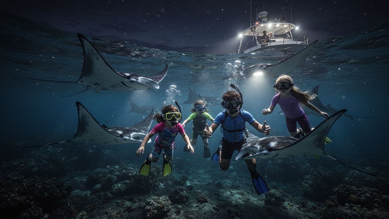 Gentle manta rays glide close to young snorkelers, including kids and a teen, in clear night waters off Kona, Hawaii, illuminated by soft underwater lights.